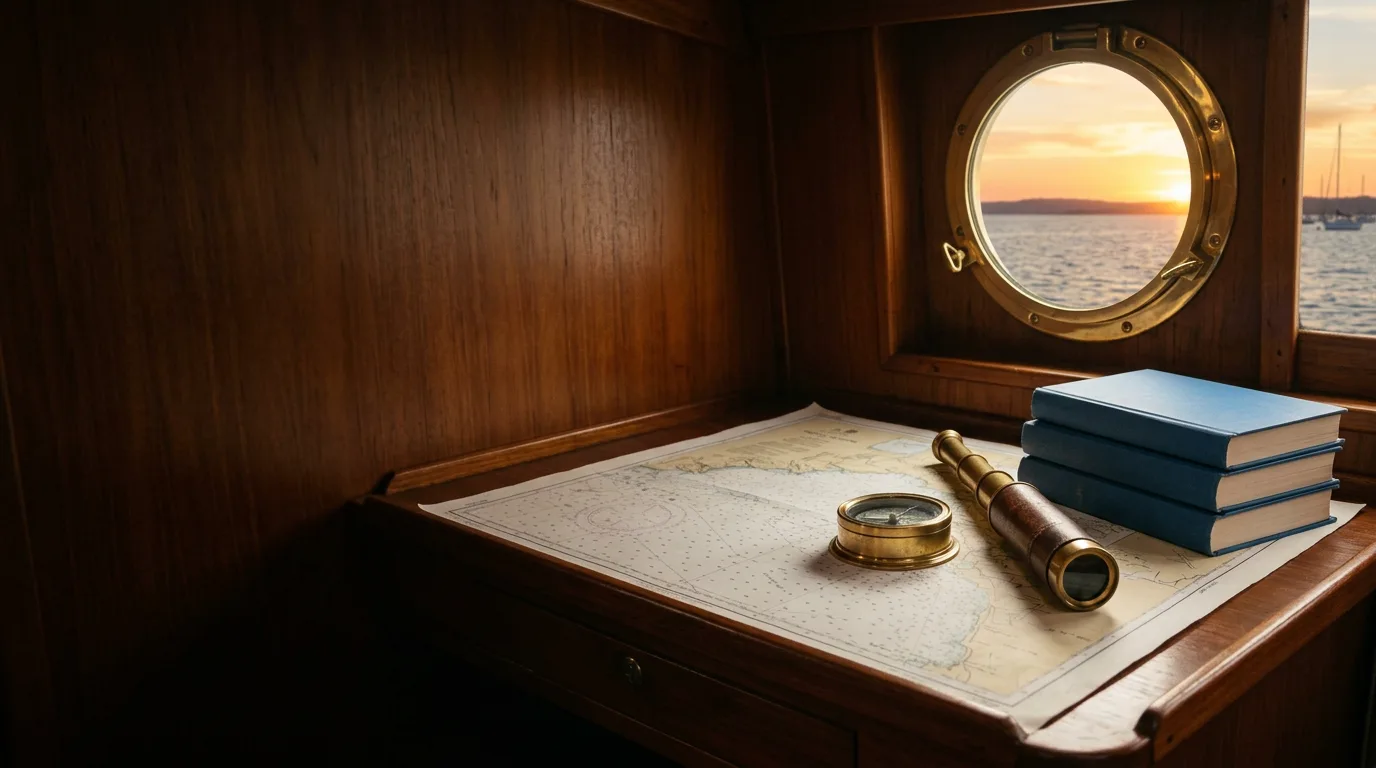 Mesa de carta náutica en la cabina de un velero